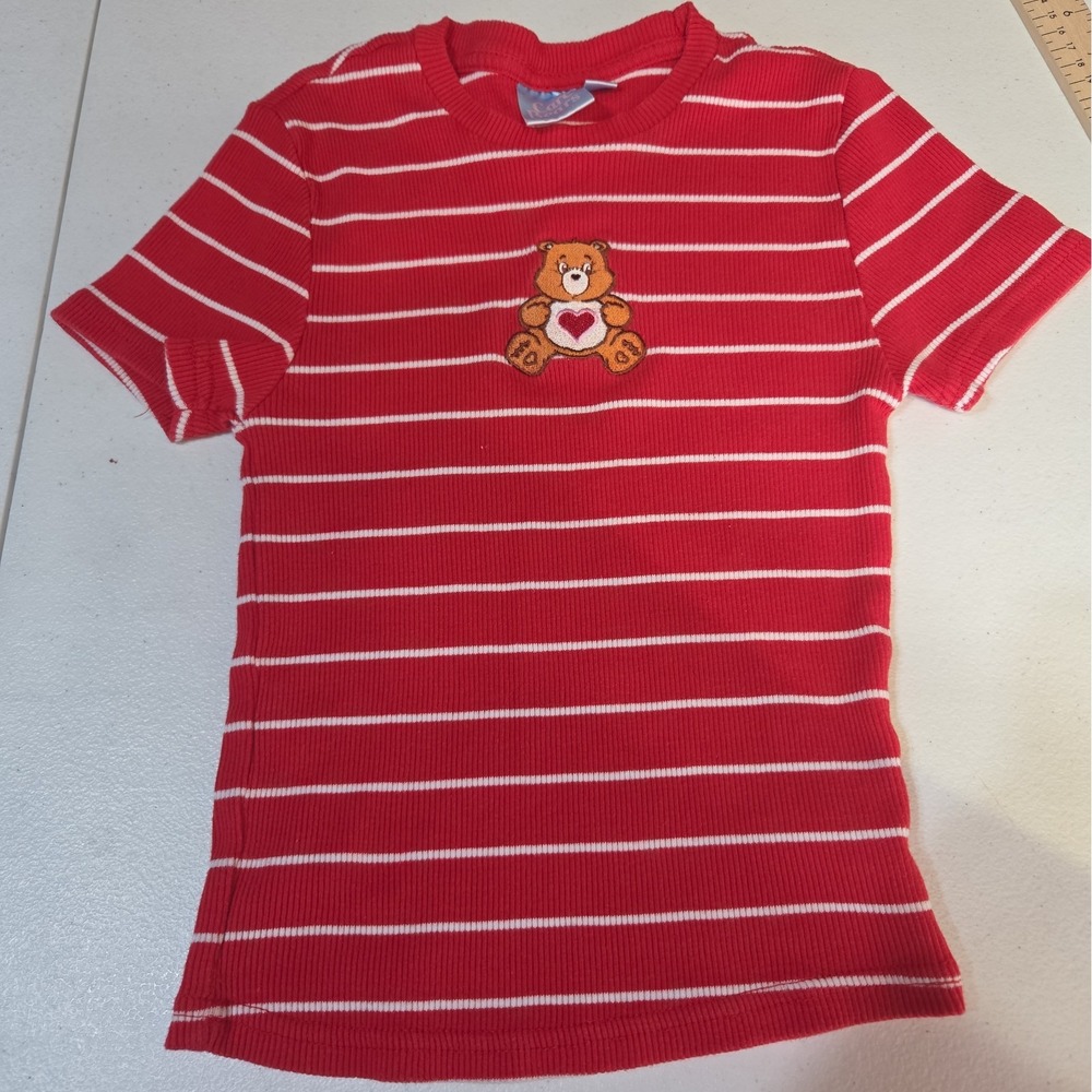 Care Bears Women's XS Red White Stripe Ribbed Baby Tee Embroidered Heart Bear